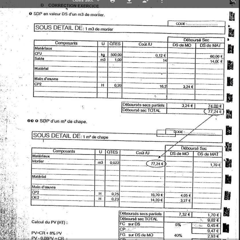 5 exercices corrigé en étude de prix bâtiment et génie