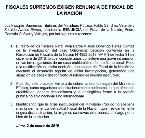 Pablo Sánchez Velarde y Zoraida Avalos Rivera solicitaron la inmediata renuncia del fiscal de la Nación, Pedro Gonzalo Chávarry