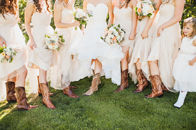 Country chic wedding where the bride and bridesmaids wore cowboy boots cowboy boots