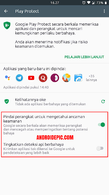 Iklan yang terdapat dalam malware ini biasa muncul ketika kalian install aplikasi tidak berasal dari Play Store. Untuk mencegah iklan pop-up ini aktifkan Google Play Protect.