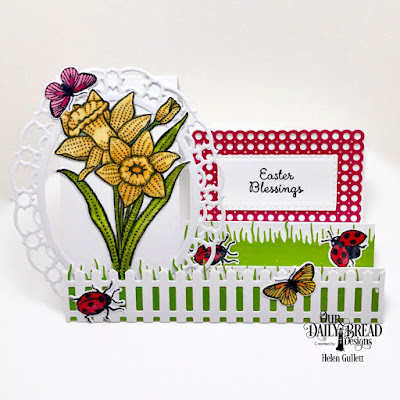 Our Daily Bread Designs Stamp Sets: Daffodils, Butterfly & Bugs, Custom Dies: Daffodil, Side Step Card, Circle Scalloped Rectangles, Double Stitched Rectangles, Layered Lacey Ovals, Fence, Grass Lawn, Butterfly & Bugs, Paper Collections: Boho Bolds, Birthday Brights