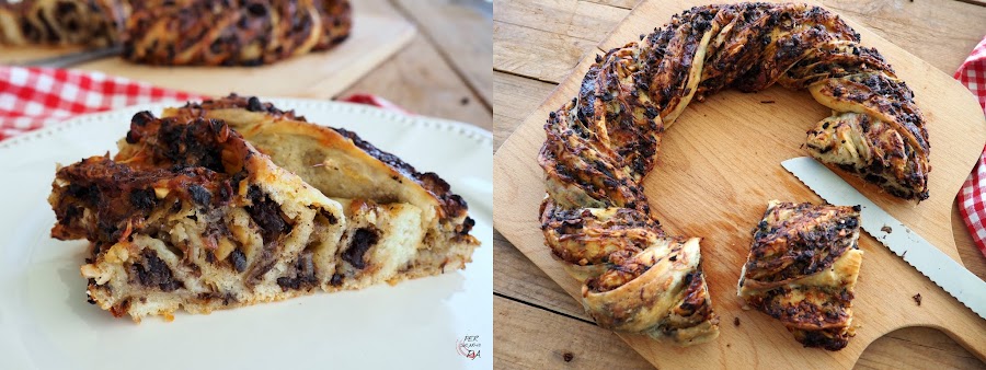 Corona de masa de pizza rellena con morcilla y pera, bacon, anacardos, queso emmental y aderezada con mostaza a la miel