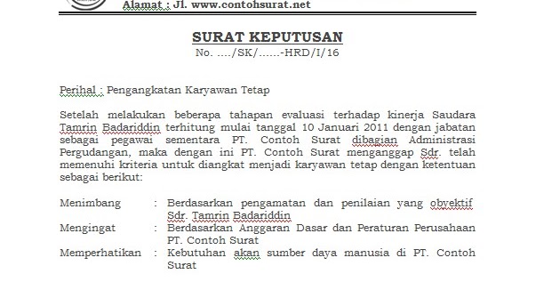 Contoh Surat Keputusan Pengangkatan Jabatan Dalam Perusahaan Bagi Contoh Surat