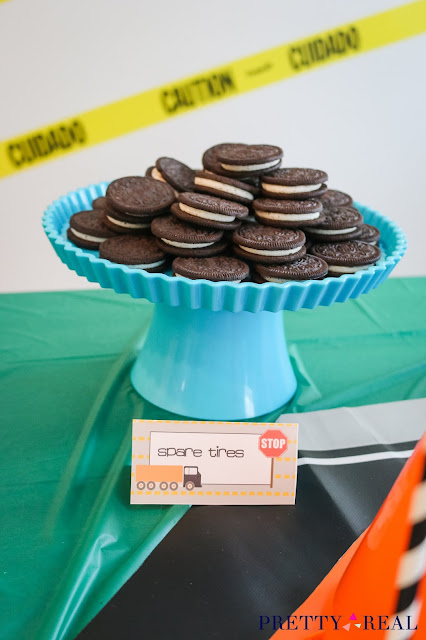 oreos as spare tires and caution tape at a construction theme birthday party