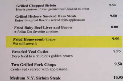 Menu with Fried Honeycomb Tripe highlighted in yellow