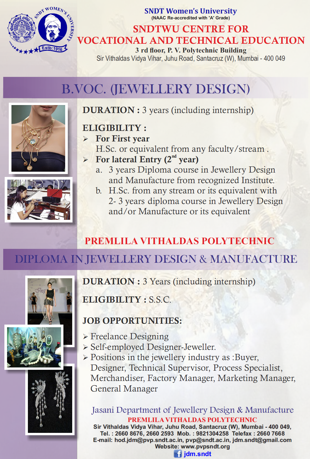 Degree / Diploma in Jewellery Design SNDTWU Be a part of SNDT Women