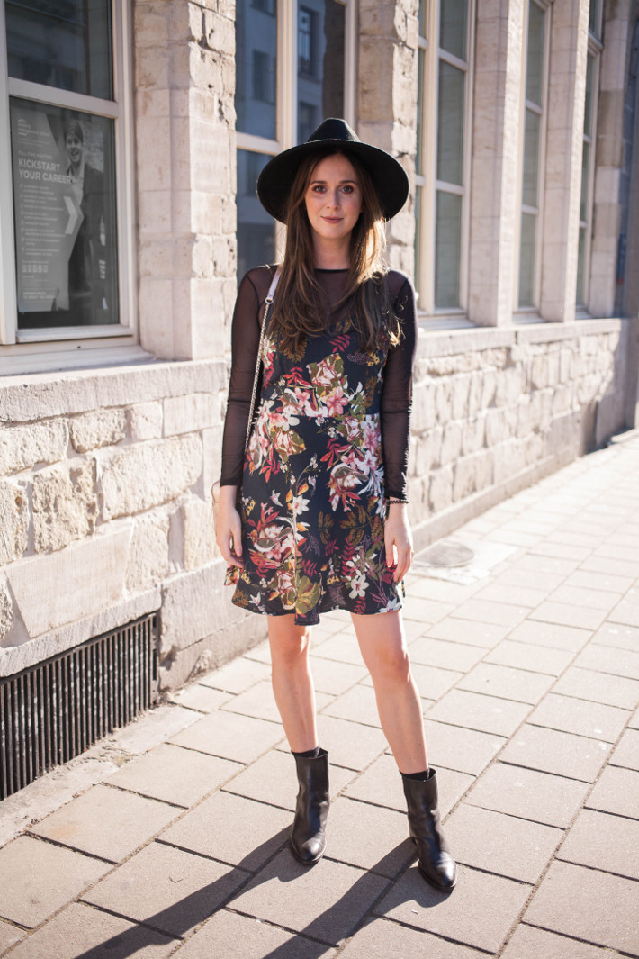 Outfit: witchy in floral slip dress over mesh shirt