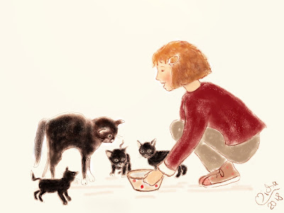 Ein Mädchen füttert ihre schwarze Katze mit drei Baby Katzen mit Milch.Kinder Buchillustration.