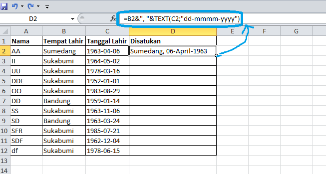 Cara Menyatukan Kota dan Tanggal Lahir di Excel yang Berbeda Sel