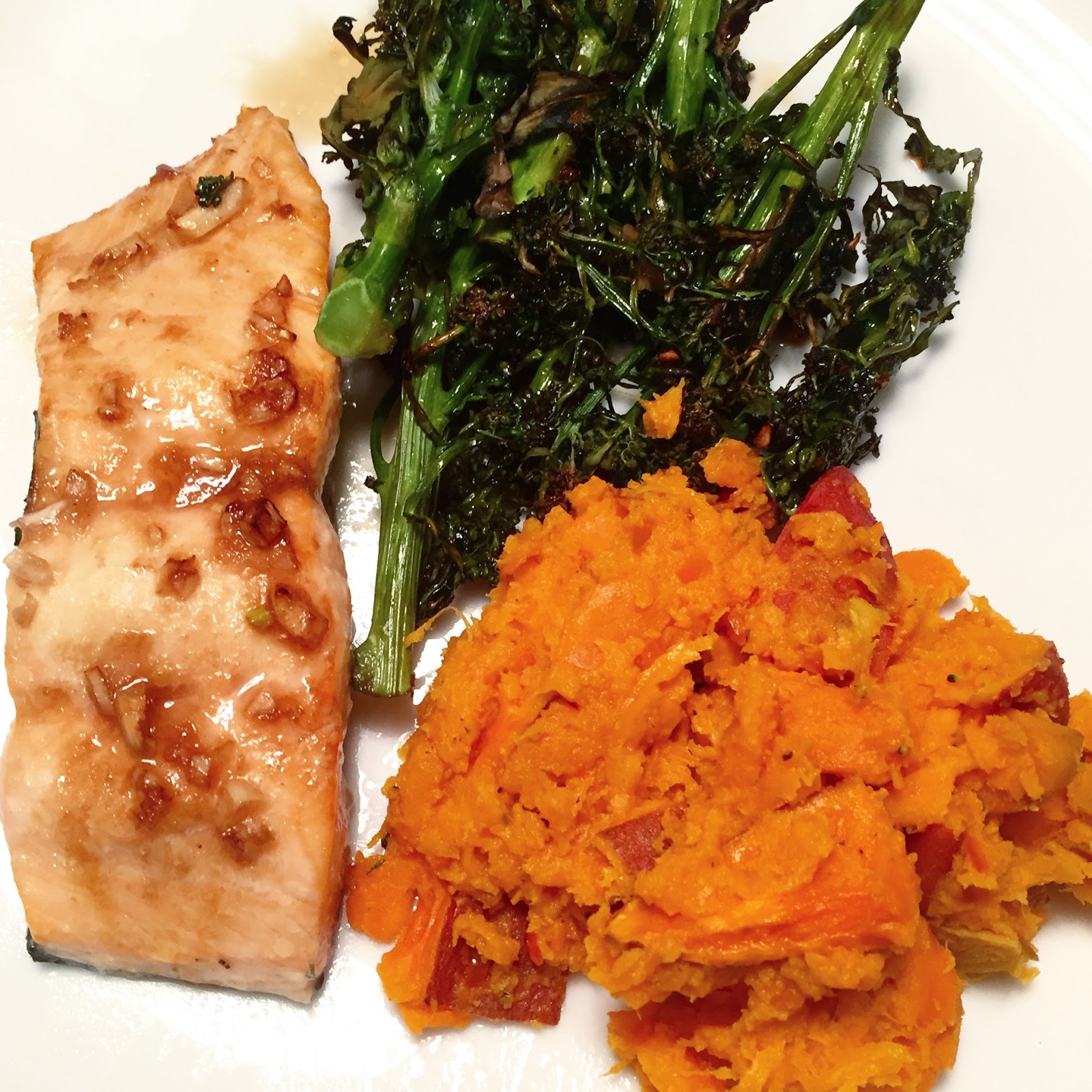 Sesame Salmon, Crispy Purple Sprouting & Spicy Sweet Potato Smash