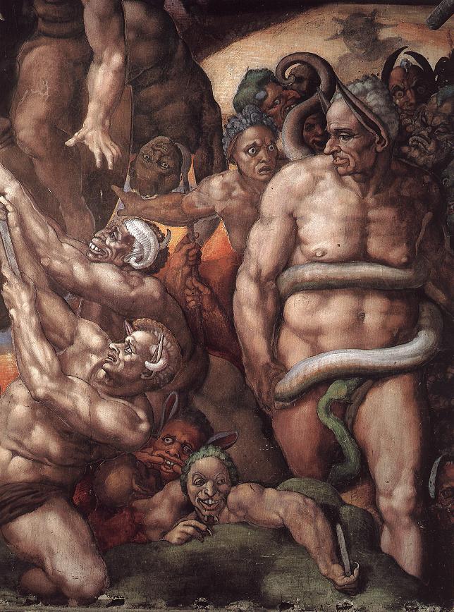Biagio da Cesena painted as Minos with donkey ears and a snake biting his genitals. Detail from Sistine Chapel, the Last Judgment by Michelangelo Biagio da Cesena painted as Minos with donkey ears and a snake biting his genitals. Detail from Sistine Chapel, the Last Judgment by Michelangelo