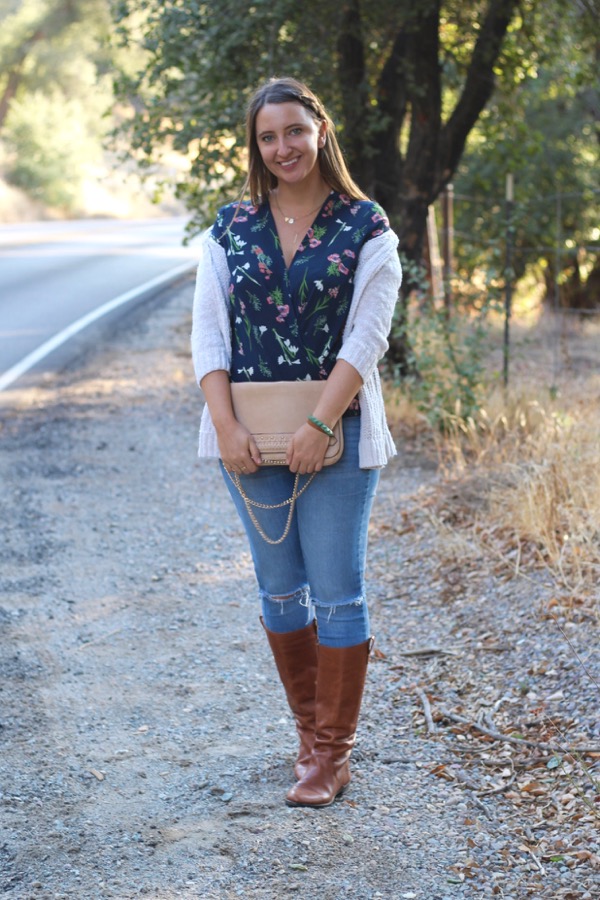 LunaVida Print In Progress Cardigan + Blouse + Jeans + Boots