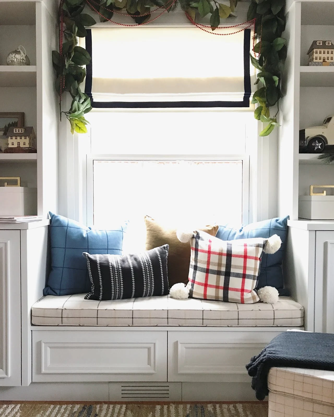 window seat with pillows, plaid cushions, plaid window bench cushion
