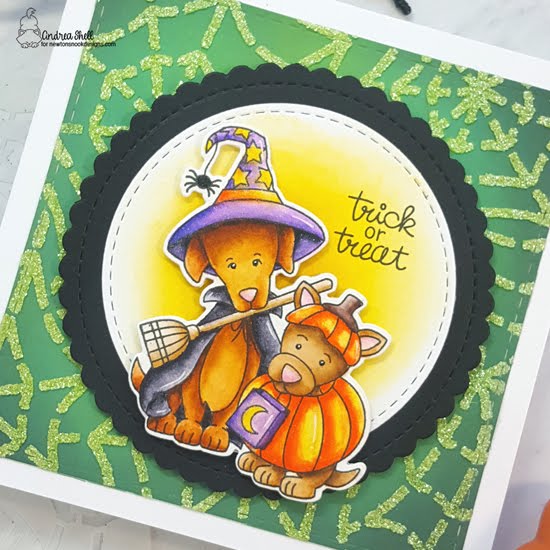 Trick or Treat Dog Card by Andrea Shell | Happy Howl-oween Stamp Set, Spiderweb Stencil, Circle Frames Die Set and Frames Squared Die Set by Newton's Nook Designs #newtonsnook #handmade
