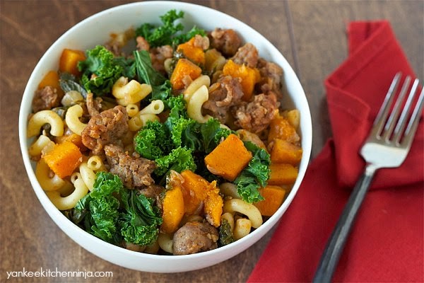 A healthy new chili mac dinner: butternut squash, sausage and kale, served Cincinnati-chili-style over pasta