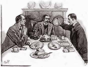 Sherlock Holmes, Dr John Watson and client Percy Phelps in Sidney Paget's illustration for The Naval Treaty