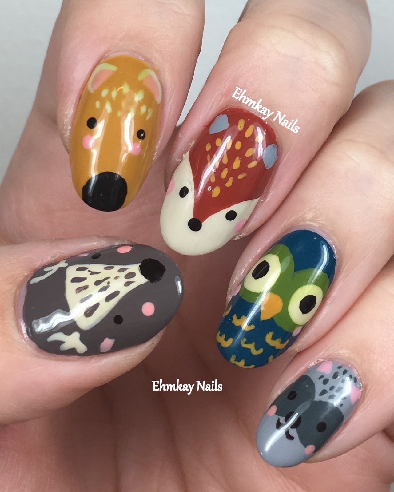 ehmkay nails Woodland Creatures Nail Art with Girly Bits Autumn Cremes