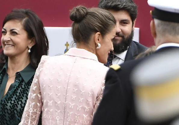 Queen Letizia wore a new pink embroidered tulle midi dress by Felipe Varela. Crown Princess Leonor and Infanta Sofia