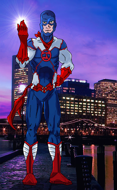 Super Juju, le héros au costume bleu et rouge.