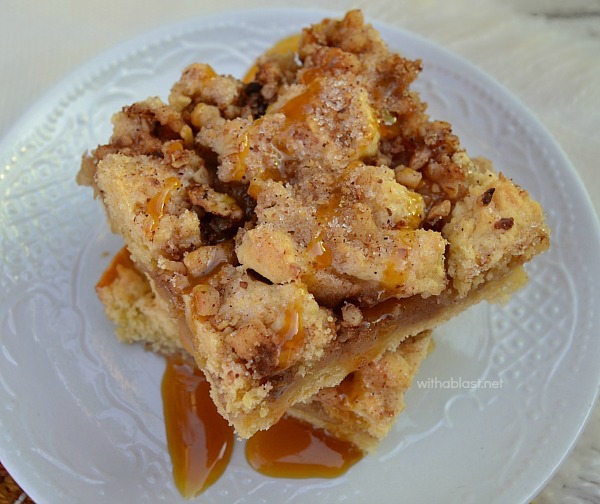 Apple Crumble Bars -  A no-fuss, easy recipe and so addicting ! Apple, cinnamon, walnuts and drizzled with Caramel Sauce makes this a winner
