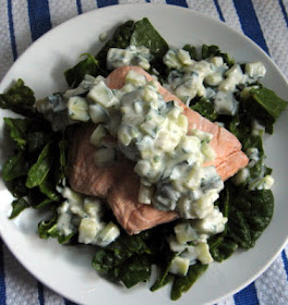 poached salmon with cilantro tzatziki and spinach salad