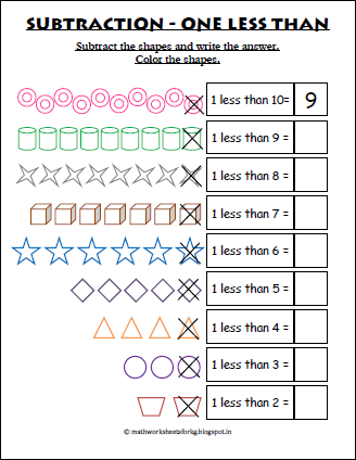 Math Worksheets For Kindergarten Subtraction One Less Than Worksheet