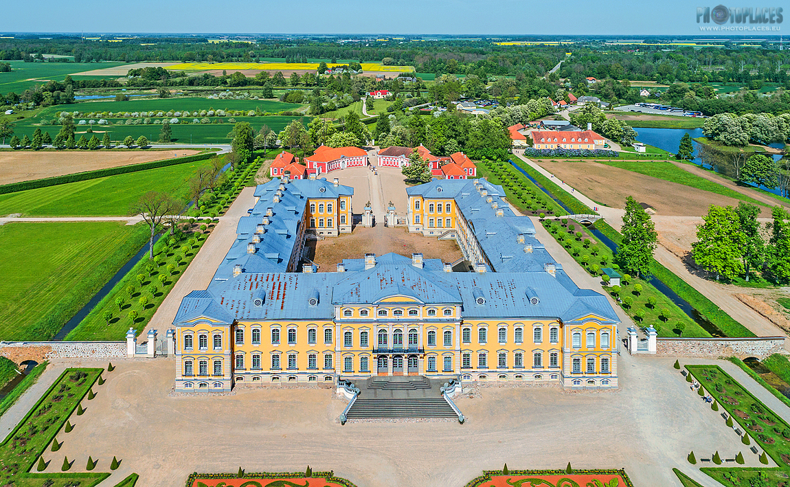 Rundale palace from above (drone perspective) in spring day