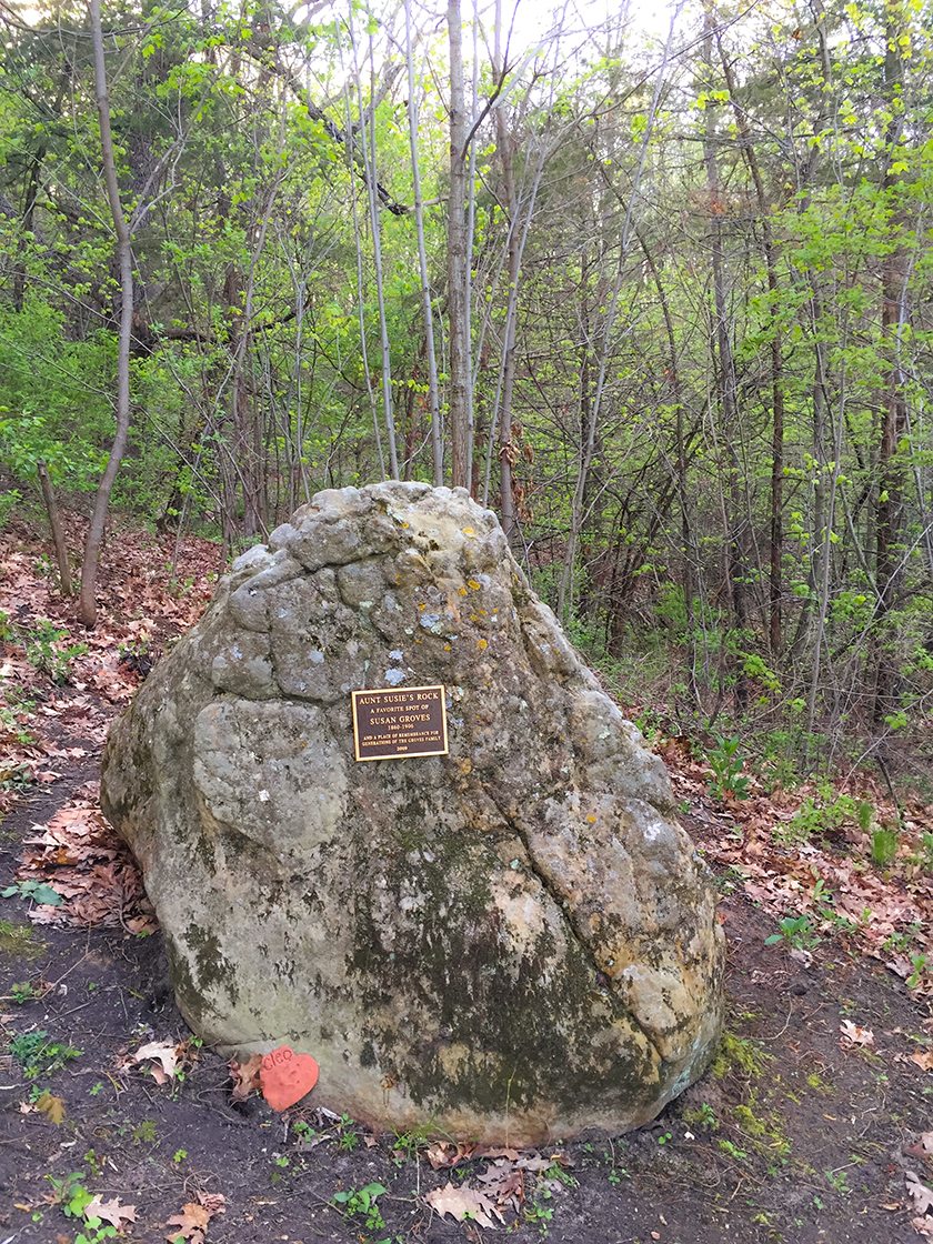 Susie's Rock is an erratic dedicated to the Groves Family and Aunt Susie