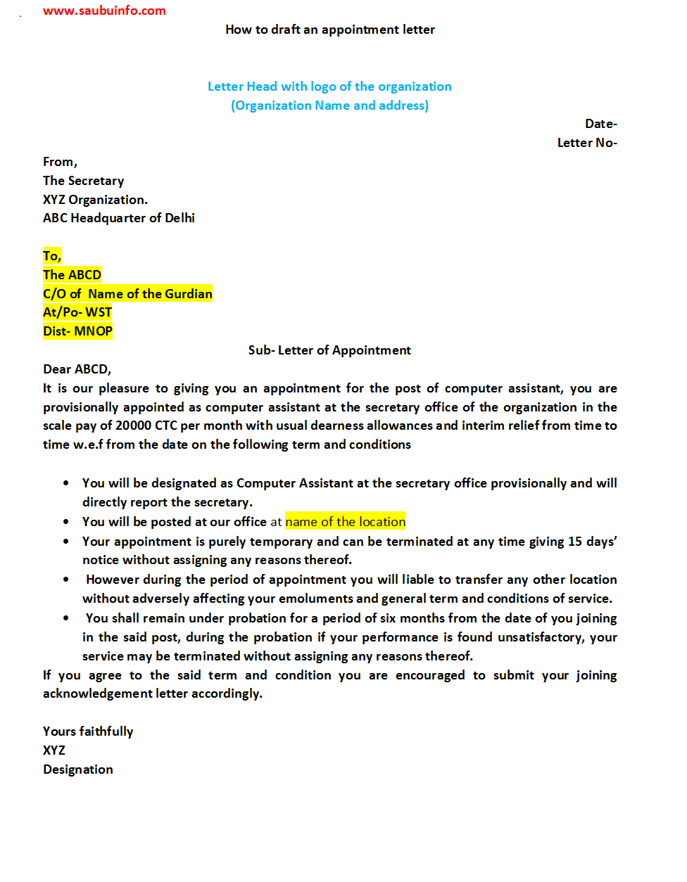 how to write an appointment letter draft of appointment letter