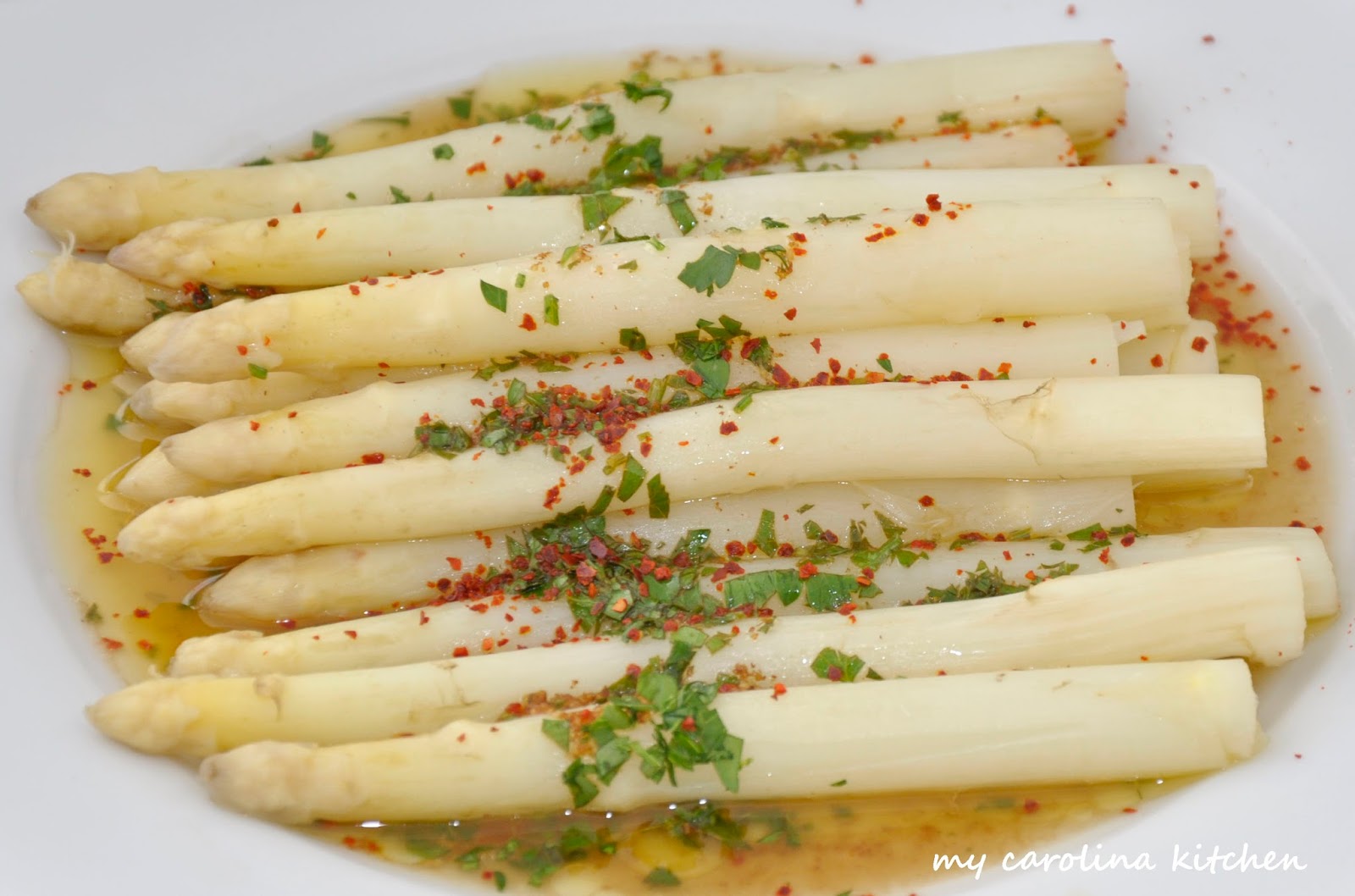 My Carolina Kitchen White Asparagus with a Brown Butter Vinaigrette