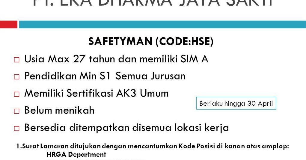 Lowongan Kerja Kota Balikpapan: Lowongan PT. EKA DHARMA JAYA SAKTI