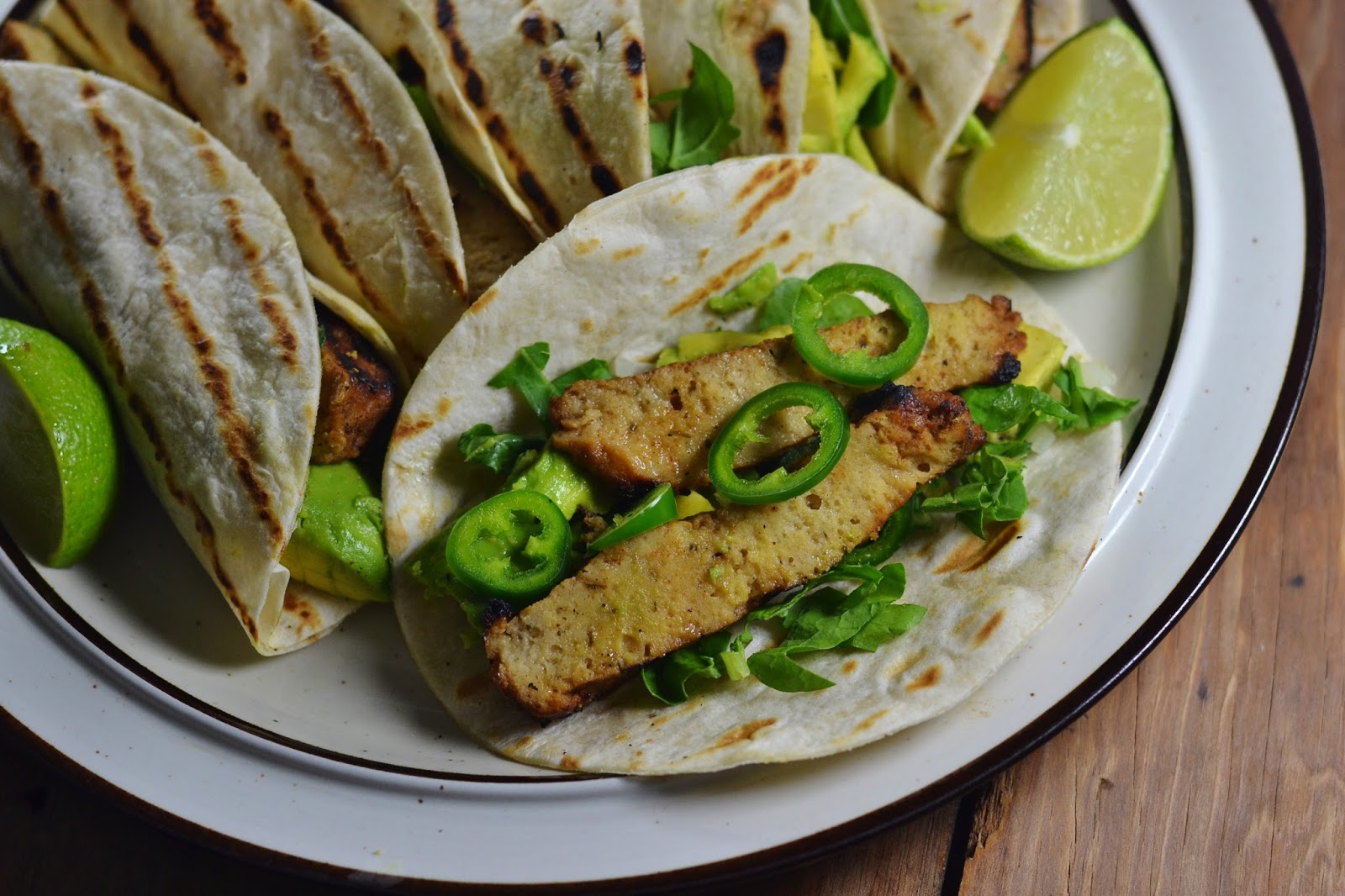 Vegan Magic Time Seitan Asada Tacos with Arugula, Avocado & Fresh Jalapeno