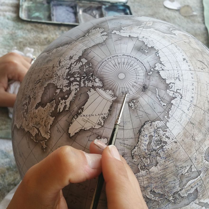 Adding a tiny illustration of a polar bear - One Of The World’s Last Remaining Globe-Makers That Use The Ancient Art Of Making Globes By Hand
