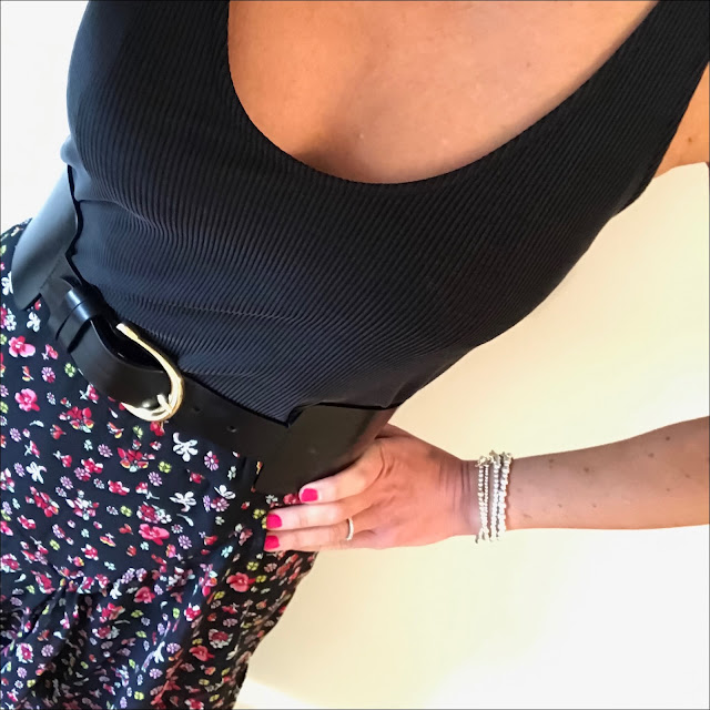 my midlife fashion, j crew woven wedge sandals, and other stories cupro tank tee, marks and spencer ditsy tiered maxi skirt, and other stories buckle belt