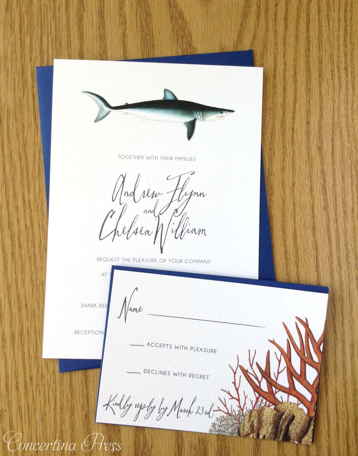Shark Wedding Invitation with Coral Reef RSVP from Concertina Press