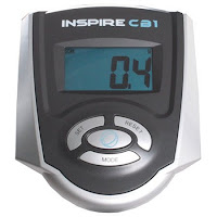 Inspire CB1's LCD screen displays time, speed, distance, calories burned