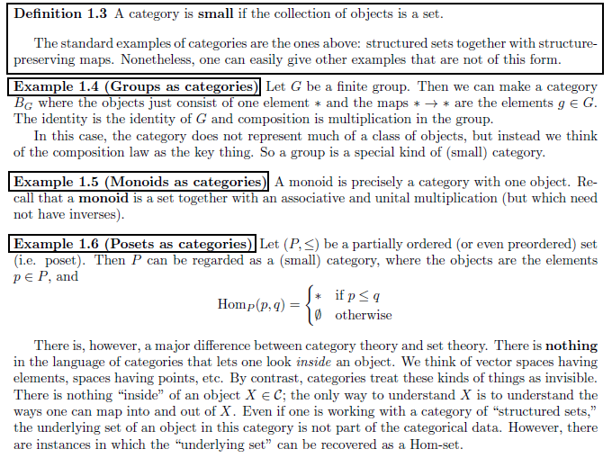 A category is a mathematical structure, like a group or a vector space, abstractly defined by axioms. Groups were defined in this way in order to study symmetries (of physical objects and equations, among other things). Vector spaces are an abstraction of vector calculus.  What makes category theory different from the study of other structures is that in a sense the concept of category is an abstraction of a kind of mathematics. (This cannot be made into a precise mathematical definition!) This makes category theory unusually self-referential and capable of treating many of the same questions that mathematical logic treats. In particular, it provides a language that unifies many concepts in different parts of math.  In more detail, a category has objects and morphisms or arrows. (It is best to think of the morphisms as arrows: the word “morphism” makes you think they are set maps, and they are not always set maps. The formal definition of category is given in the chapter on categories.)