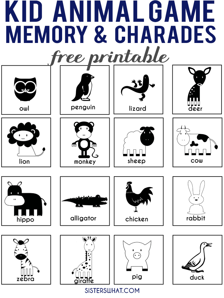 Kid animal games memory and charades free printable