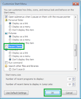 Menghapus atau menghilangkan recent items melalui Taksbar and Start Menu properties