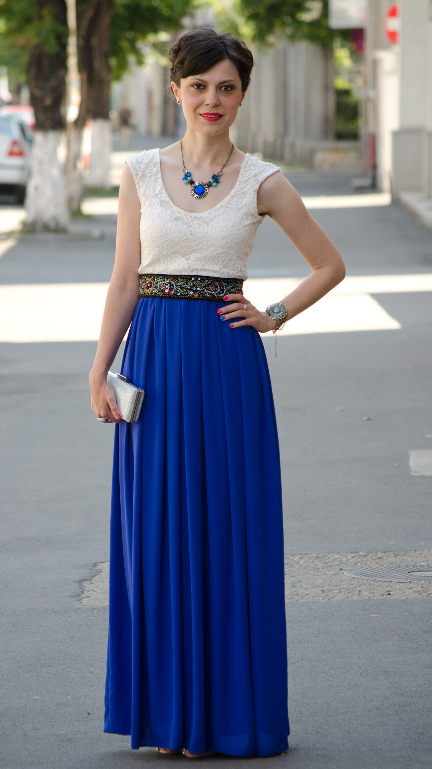 maxi dress cobalt blue white lace statement necklace blue topper hat wedding attire handmade waistband