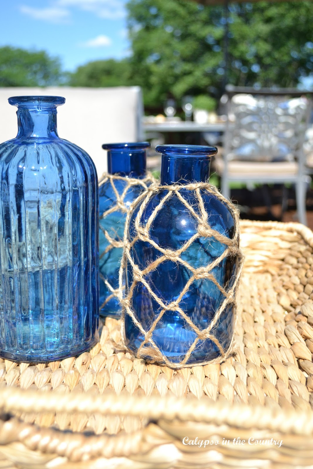 Blue Coastal Bottles and other accessories to decorate your deck for summer