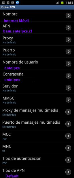Configuracion APN Entel Chile android htc galacy