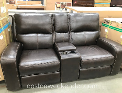 Kick back to watch a movie in the comfort of the Sawyer Leather Power Reclining Loveseat