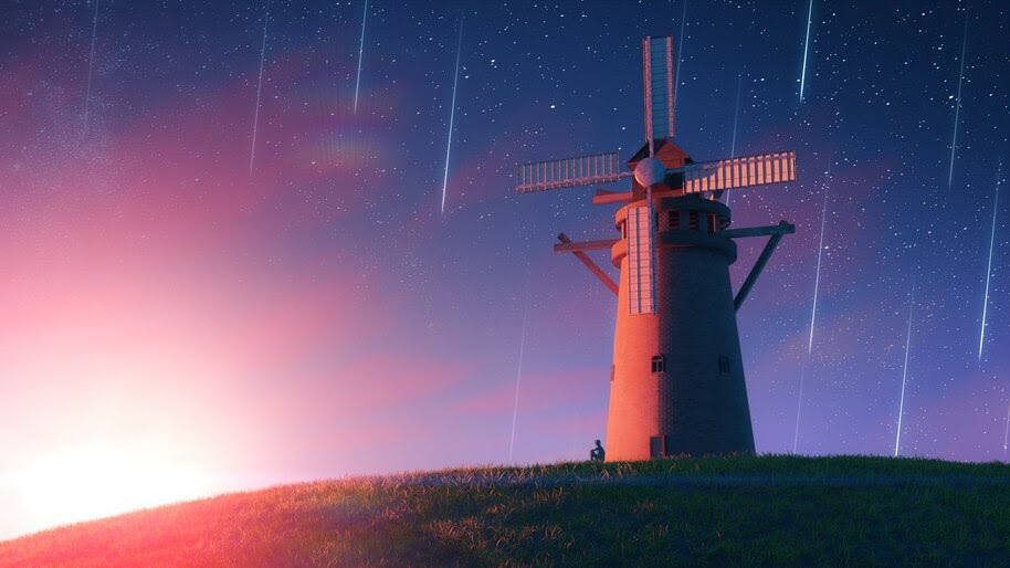 Comet, Night, Scenery, Windmill, Digital Art, 4K, #6.2167