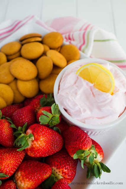 This yummy Strawberry Lemonade Dip recipe only has two ingredients and is delicious! It's perfect for picnic, an after school snack and baby/bridal showers! | mynameissnickerdoodle.com This yummy Strawberry Lemonade Dip recipe only has two ingredients and is delicious! It's perfect for picnic, an after school snack and baby/bridal showers! | mynameissnickerdoodle.com