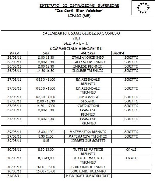 Eolie news ITC "Conti" Calendario esami per alunni con giudizio sospeso