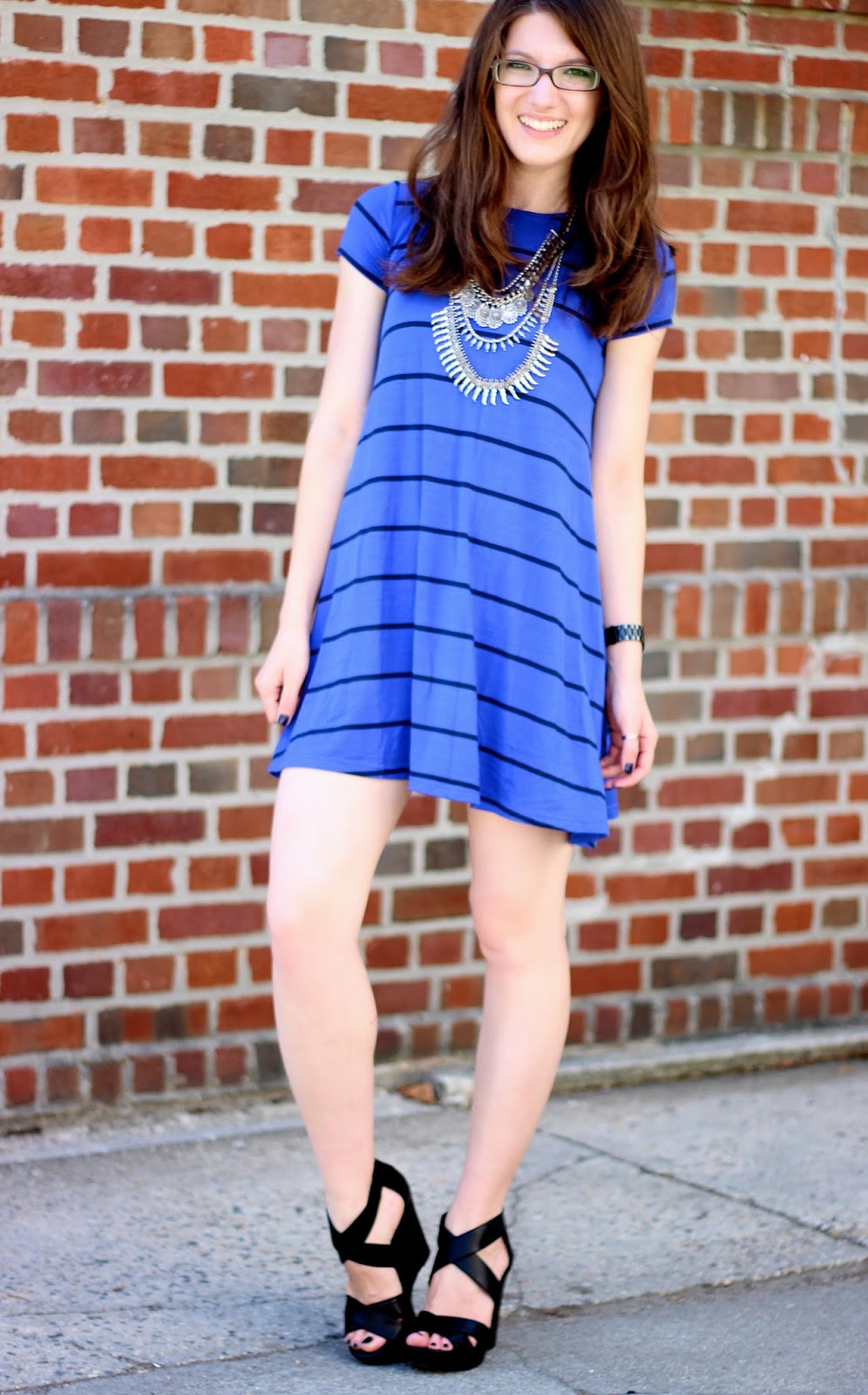 a Blue Striped Dress