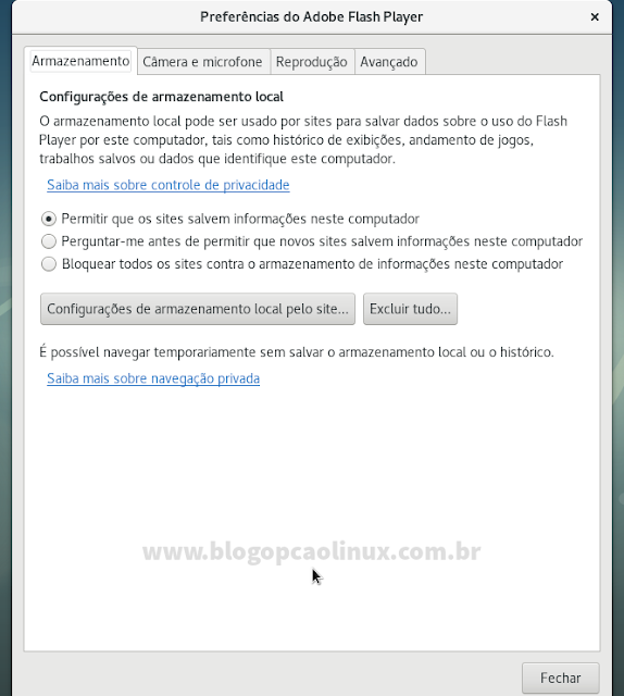 Painel de Preferências do Adobe Flash Player