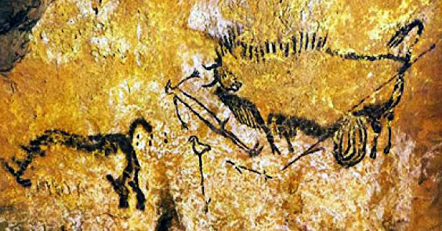 Hunting dying man, "garbage man" cave painting - from Lascaux Cave