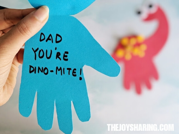 Dinosaur Handprint Father's Day Card #thejoyofsharing #fathersdaycards #fathersdayideas #dinosaur #handprint #preschoolactivities via @thejoysharing Dad, You're Dino-mite!
